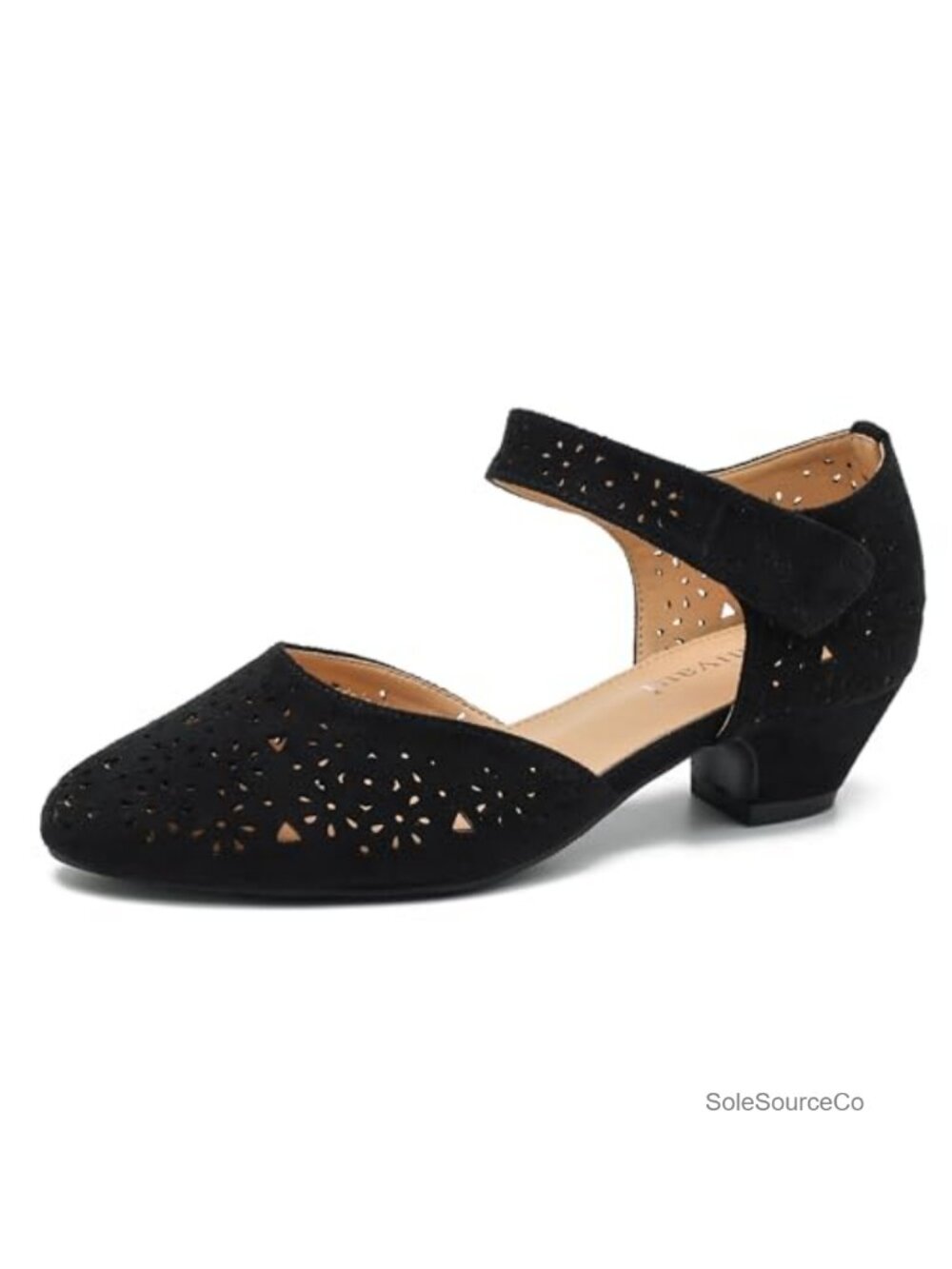 Faux Leather Low Block Heel Pumps Round Toe Cutout D'Orsay Shoes